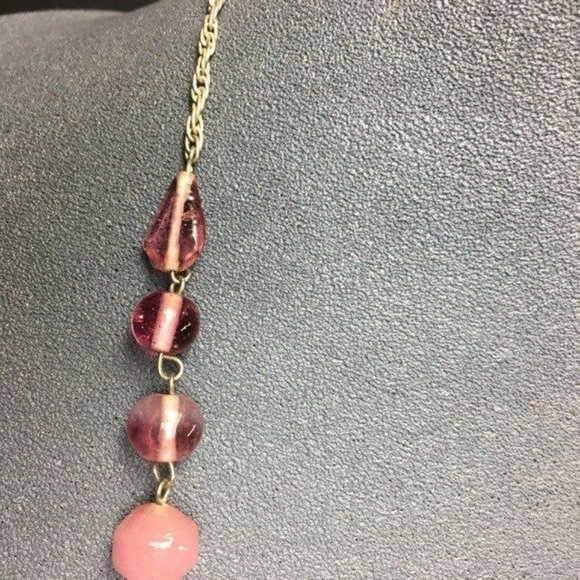 Glass Y Drop Necklace Pink Pendant Iridescent Silver Chain Dangles Twisted Rope - Picture 5 of 9